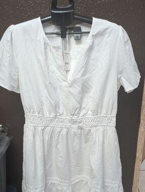 White Women's Short Sleeve Smocked Waist Dress - Unbranded